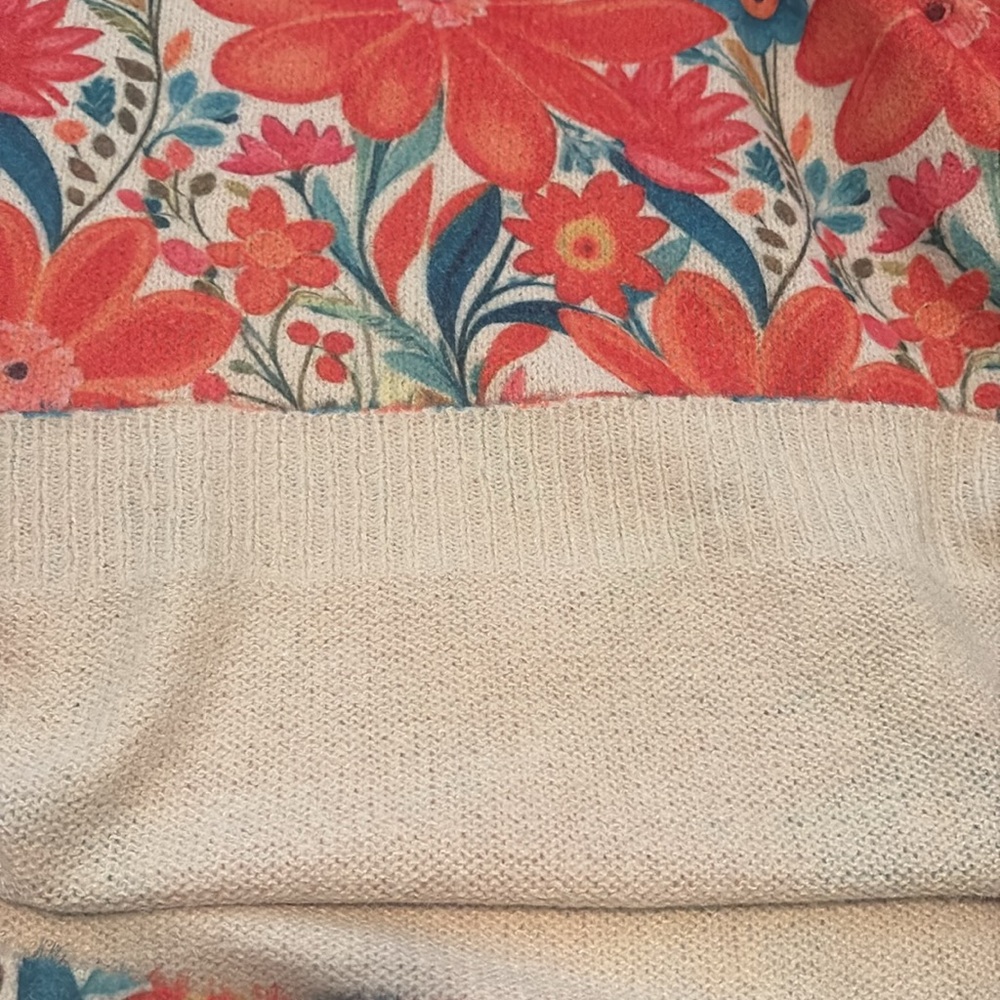Floral Medium Weight Pullover Top V Neck 3/4 Sleeves Orange Blue Cream 4XL - Picture 7 of 8